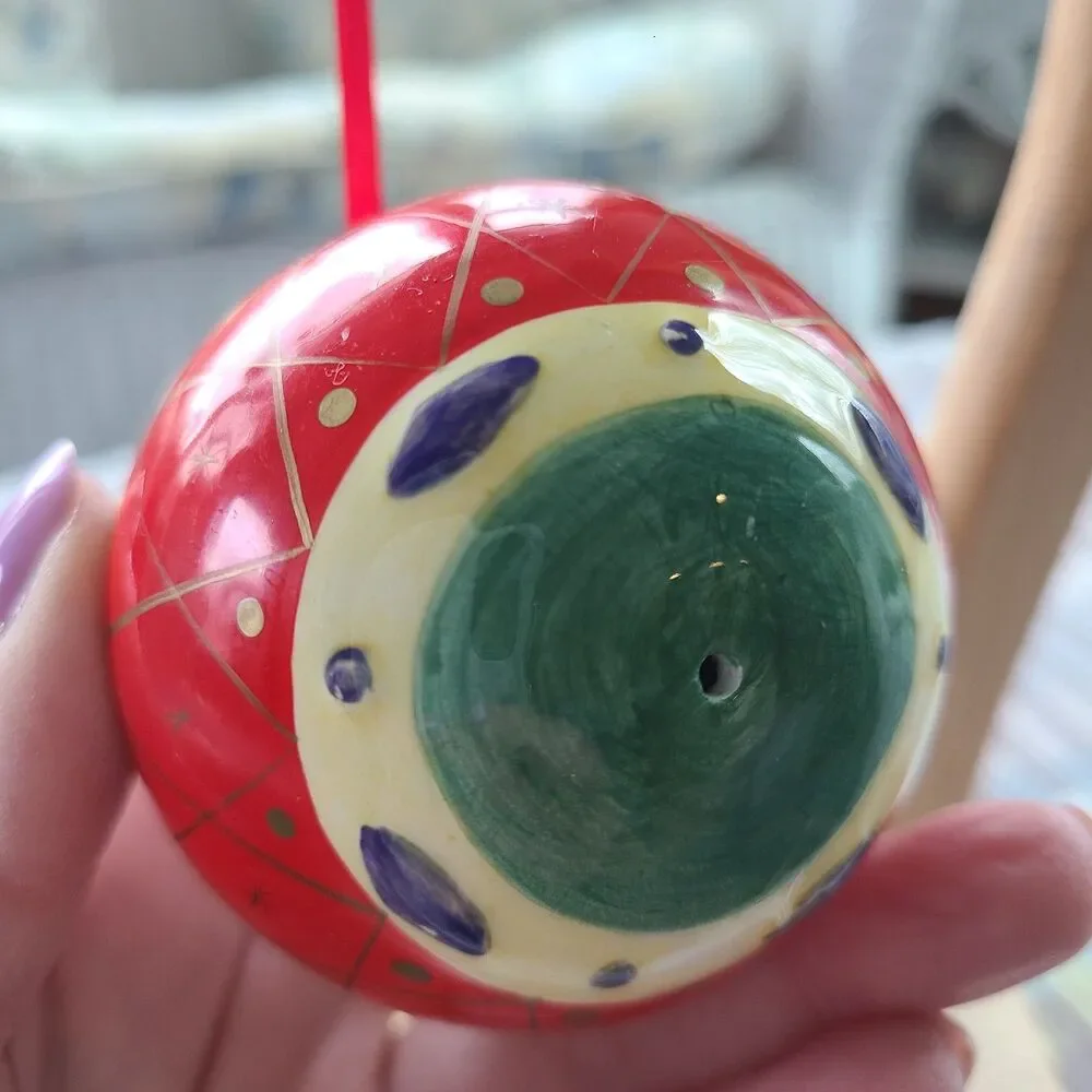 Vintage Hand-Painted Handmade Ceramic Christmas Ornament Holly Berry Red Ribbon